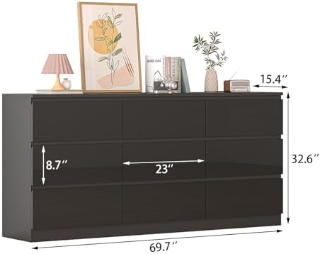 70 INCH 9 Drawers Dresser with Charging Station, Modern Large Dresser with 9 Handle Free Drawers, Wood Storage Chest of Drawers for Bedroom, Living Room, Entryway, Hallway, Black