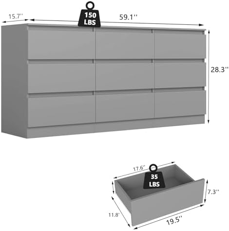 Grey 9 Drawer Dresser for Bedroom,Modern Long Dresser with Deep Drawers,Wide Storage Chest of Drawer,Wood Bedroom Storage Organizer Drawers forBedroom