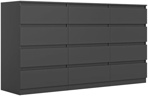 Vibe & Dine Black Dresser 12 Drawer, Modern Long Dresser for Bedroom, Wood Chest of Drawers with Wide Storage for Living Room
