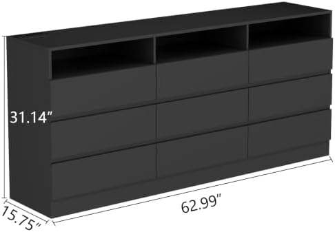 Gyfimoie 63" Black 9-Drawer Dresser for Bedroom w/Power Outlet, LED Light