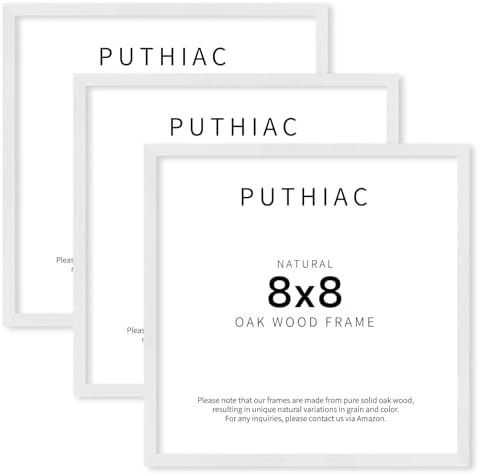 puthiac 8x8 Solid Oak Wood Picture Frames, White, 3 Pack