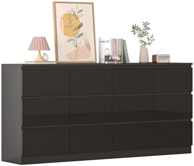 12 Drawers Dresser with Charging Station, Modern Large Dresser with 12 Handle Free Drawers, Wood Storage Chest of Drawers for Bedroom, Living Room, Entryway, Hallway, Black