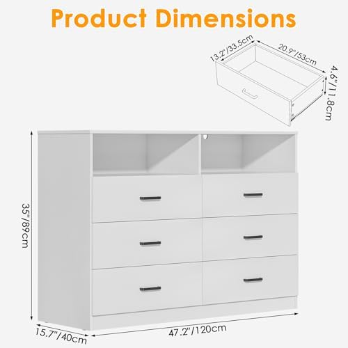 Bigbiglife 6 Drawers Dresser for Bedroom with Open Storage Cubby, Double Wide Dresser Organizer for Bedroom, Living Room, Entryway, Hallway (White)