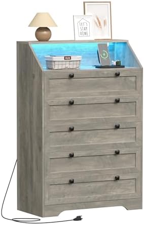 Wodeer Grey Dresser Tall 5 Drawer Dresser for Bedroom, Wood Chest of Drawers with LED Lights, Charging Station, Metal Handles, Modern Storage Cabinet and Organizer Drawers for Living Room, Hallway