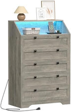 Wodeer Grey Dresser Tall 5 Drawer Dresser for Bedroom, Wood Chest of Drawers with LED Lights, Charging Station, Metal Handles, Modern Storage Cabinet and Organizer Drawers for Living Room, Hallway