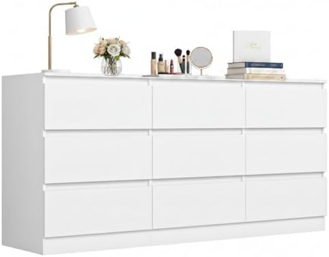 Spaco White 9 Drawer Dresser for Bedroom,Modern Long Dresser with Deep Drawer,Large Storage Chest of Drawer,Wood Bedroom Storage Organizer Furniture Drawers for Living Room