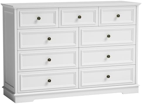 51" Wide Farmhouse 9 Drawer Dresser for Bedroom, White