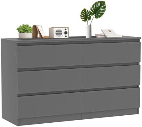 Grey Dresser for Bedroom,48'' Modern 6 Drawer Dresser with Deep Drawer,Storage Wide Chest of Drawers,Wood Bedroom Storage Furniture for Living Room,Closet