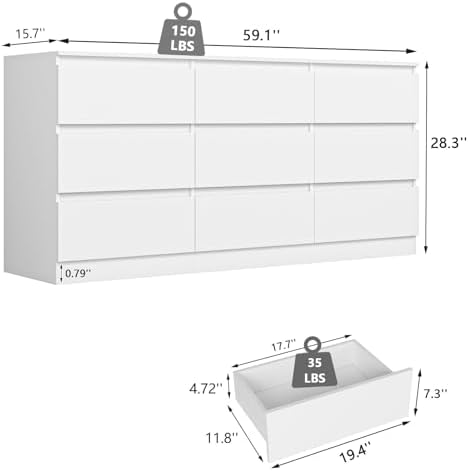 Spaco White 9 Drawer Dresser for Bedroom,Modern Long Dresser with Deep Drawer,Large Storage Chest of Drawer,Wood Bedroom Storage Organizer Furniture Drawers for Living Room