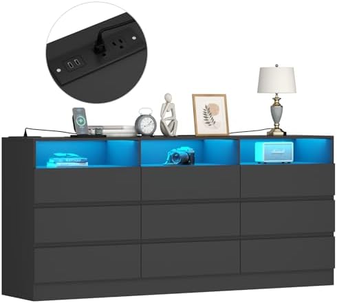 Gyfimoie 63" Black 9-Drawer Dresser for Bedroom w/Power Outlet, LED Light