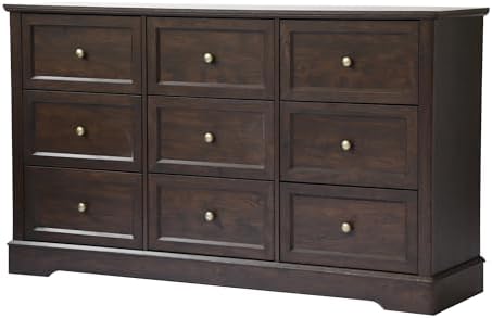 LOUVIXA Farmhouse Dresser 9 Drawer, Bedroom Chest of Drawers, Dressers with 9 Drawers, Wooden Dressers for Bedroom, Living Room, Tv Stand, Entryway(Vintage Brown)
