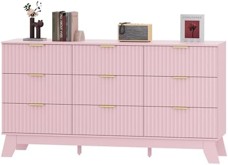 HUANLEGO Fluted Dresser for Bedroom with 9 Drawers, Pink