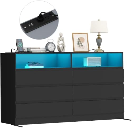 Gyfimoie Black 6-Drawer Dresser for Bedroom w/Power Outlet and LED Light