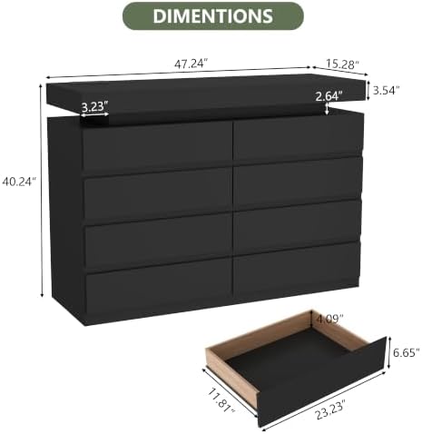 Gyfimoie 8 Drawer Dresser with Power Outlet, Modern Dresser with LED Light