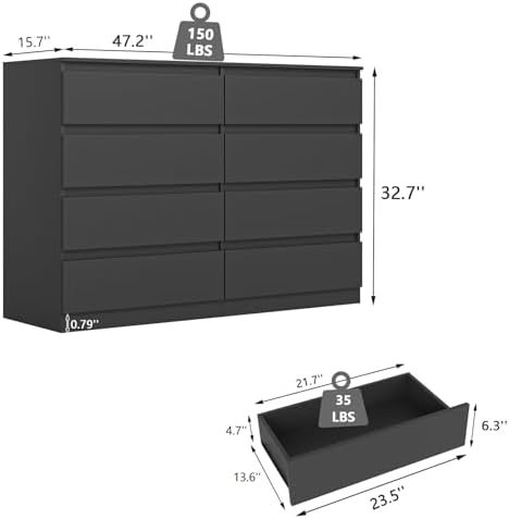 Black Dresser for Bedroom,Modern Large 8 Drawer Dresser with Deep Drawer,Wide Storage Chest of Drawer,Wood Bedroom Storage Organizer Furniture,TV Stand for Living Room