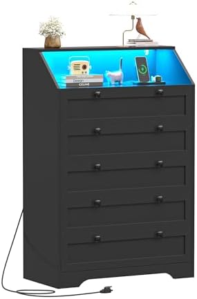 Black Dresser Tall 5 Drawer Dresser for Bedroom, Wood Chest of Drawers with LED Lights, Charging Station, Metal Handles, Modern Storage Cabinet and Organizer Drawers for Living Room, Hallway