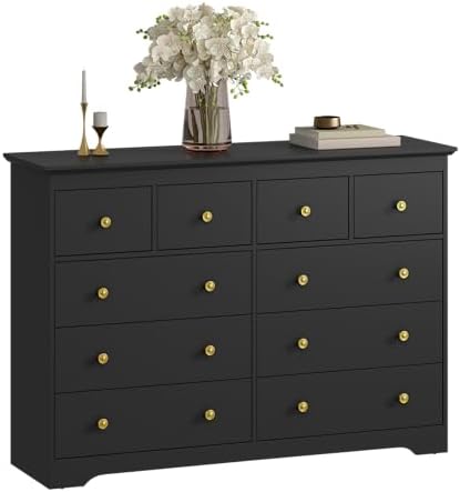 Black Dresser for Bedroom, 10 Drawer Dresser with Large Drawers, 55 Inch Wide Wood Chest for Living Room, Hallway