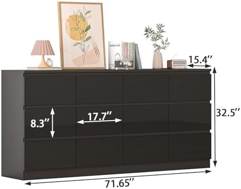 12 Drawers Dresser with Charging Station, Modern Large Dresser with 12 Handle Free Drawers, Wood Storage Chest of Drawers for Bedroom, Living Room, Entryway, Hallway, Black