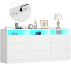 Gyfimoie 63" White 9-Drawer Dresser for Bedroom w/Power Outlet, LED Light