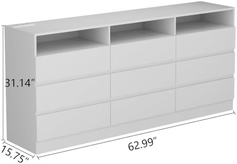 Gyfimoie 63" White 9-Drawer Dresser for Bedroom w/Power Outlet, LED Light