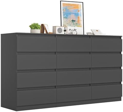VERYKE Black 12 Drawer Dresser for Bedroom,Chest of Drawers with No-Handle Design for Closet,Modern Wood Dresser Bedroom Storage Furniture