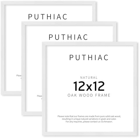 puthiac 12x12 Solid Oak Wood Picture Frames, White, 3 Pack