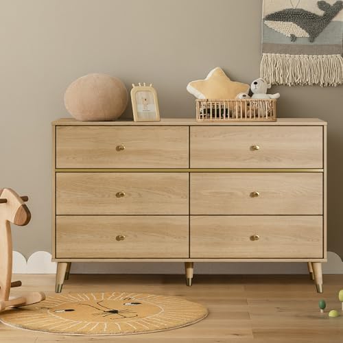 Chrangmay 6 Drawer Dresser,47.24" Wide Mid Century Chest of Drawers,Wooden Bedroom Drawer Dresser with 9 Storage Drawers for Bedroom,Living Room,with Anti-Tipping Device,Oak