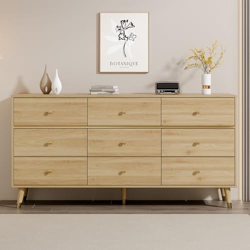 Chrangmay 9 Drawer Dresser,63" Wide Mid Century Modern Chest of Drawers,Wooden Bedroom Drawer Dresser with 9 Storage Drawers for Bedroom, Living Room,with Anti-Tipping Device,Natural