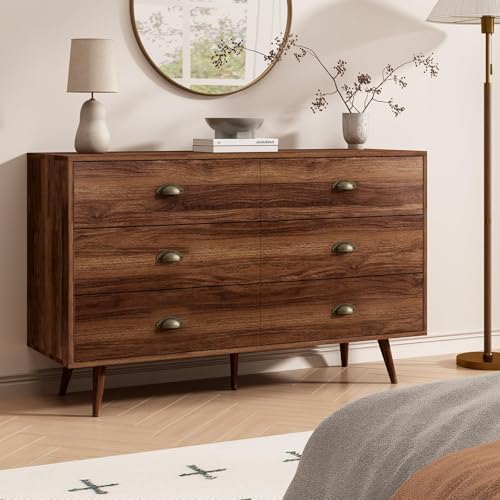 Walnut 6 Drawer Dresser for Bedroom, 47" Wood Dresser with Gold Handles.