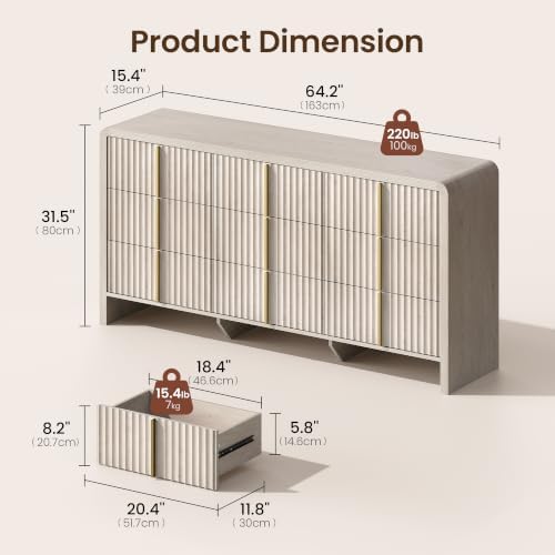 ModernMate Fluted 9 Drawer Dresser for Bedroom, 64.2" Wide White Chest of Drawers, Modern Wood Storage Cabinet with Metal Handles, Anti-Tip Clothes Organizer, Grey