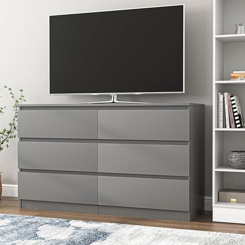 Grey Dresser for Bedroom,48'' Modern 6 Drawer Dresser with Deep Drawer,Storage Wide Chest of Drawers,Wood Bedroom Storage Furniture for Living Room,Closet