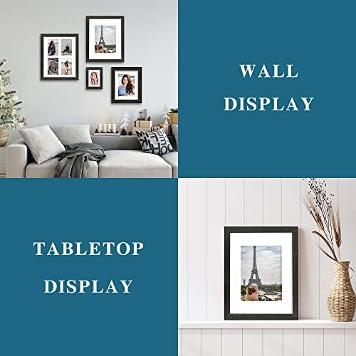 Hongkee 8x10 Picture Frame Set of 4, Made of Real Glass and Rustic Black Wooden Frame, 8 by 10 Photo for Wall or Tabletop - Display Picture 5x7 with Mat or 8x10 Without Mat