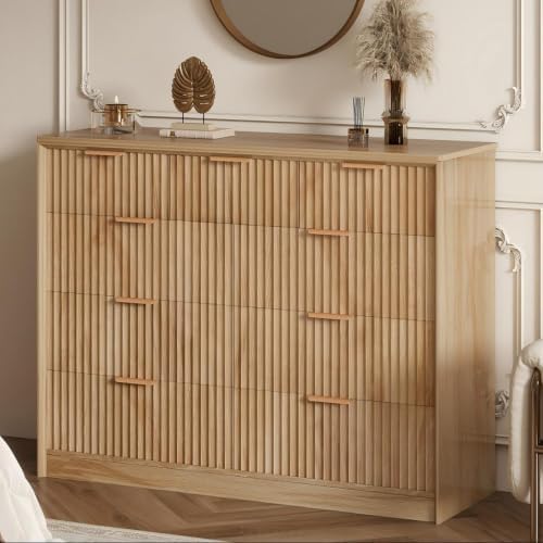 LYNCOHOME Fluted Tall Dresser for Bedroom, 9 Drawer Chest of Drawers, Oak