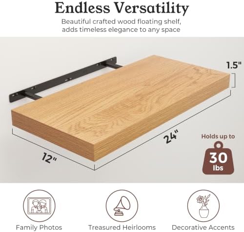 24" Natural Oak Color Floating Shelves 12inch Deep Shelf, Set of 2