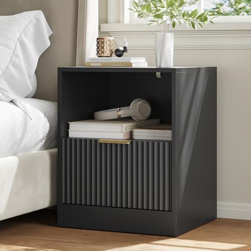 3-Piece 9 Drawer Dresser and 1-Drawer Nightstand Set, Black丨63 Wide Fluted Bedroom Dresser Set Night Stand Set of 2, Modern Wood Chest of Drawers Storage Dressers Set for Bedroom