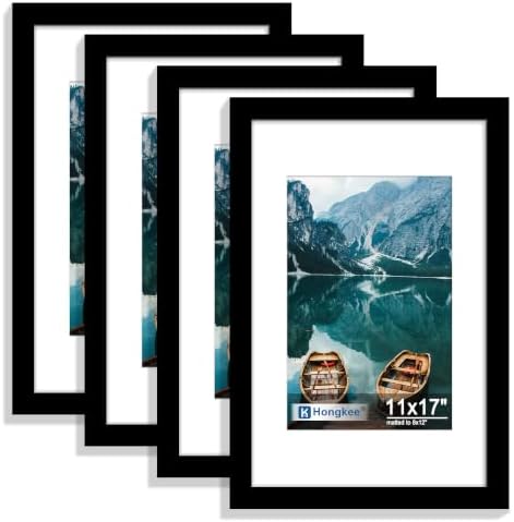 Hongkee 11x17 Picture Frame Set of 4, 11 x 17 Black Wood Style(Mat 8x12)