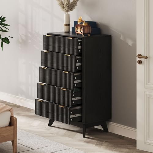 43" Hight Fluted 5 Drawers Dresser for Bedroom,Curved Edge,Black