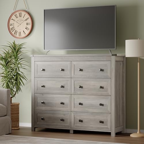 BORNOON Tall 8-Drawer Dresser, Modern Wooden Storage Chest of Drawers, Dresser TV Stand, Wood Drawer Organizer with Metal Handles for Bedroom, Living Room, Hallway