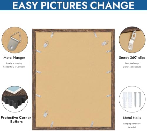 Hongkee 16x20 Frames Set of 4, 16 x 20 Rustic Brown Wood Style(Mat 11x14)