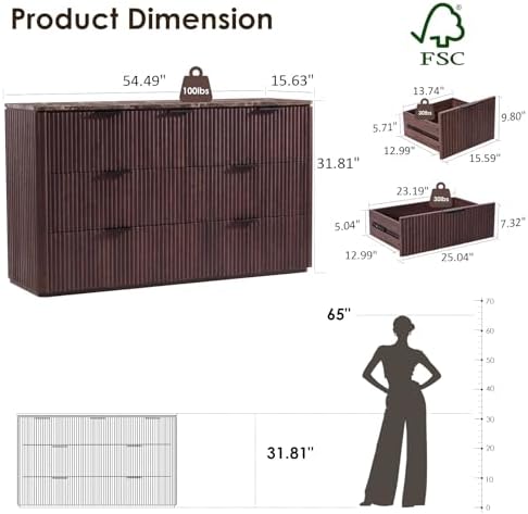Fluted 7 Drawer Dresser for Bedroom, 54"W Wooden Dressers & Chest of Drawer