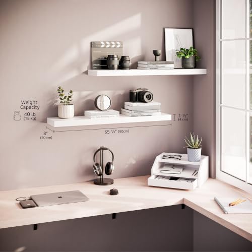 Ballucci Floating Shelves for Wall, 36" Wood Wall Shelf Set of 2, with Invisible Brackets for Bathroom, Living Room, Bedroom, Kitchen, Nursery, 8" Deep, White