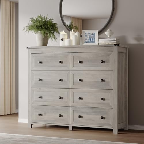 BORNOON Tall 8-Drawer Dresser, Modern Wooden Storage Chest of Drawers, Dresser TV Stand, Wood Drawer Organizer with Metal Handles for Bedroom, Living Room, Hallway