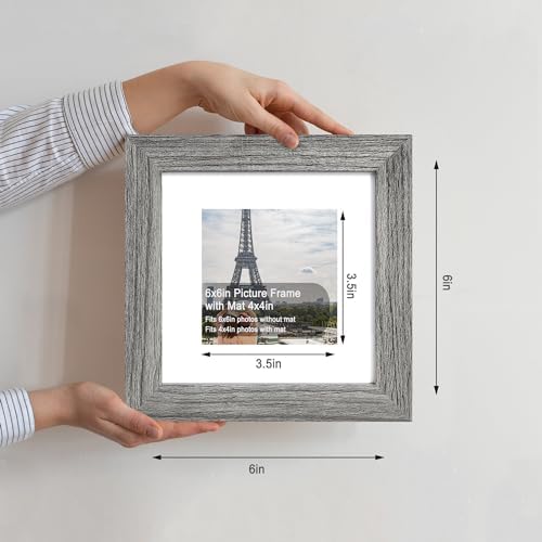 Hongkee 6x6 Picture Frame Set of 4, Made of Glass and Grey Wooden Frame - Display Picture 4x4 with Mat or 6 x 6 Without Mat, 6x6 Photo for Wall or Tabletop
