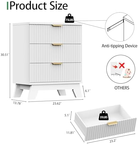 Xixini Fluted Nightstand with 3 Drawers, 24" Wide Side Table, White
