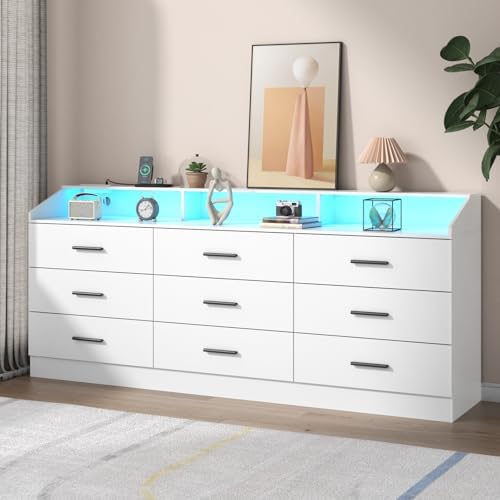 9 Drawers Dresser for Bedroom with Power Outlet,Modern Dresser w/ LED Light