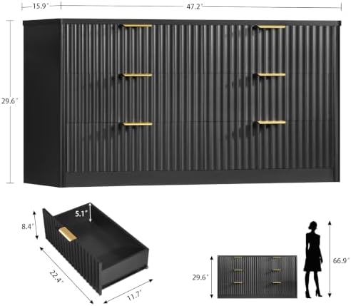 TEENFON Fluted 6 Drawer Dresser for Bedroom, Wide Modern Chest of Drawers with Metal Handle, Curved Profile Design, Wood Closet Clothes Storage Organizer for Bedroom, Living Room, Hallway, Black