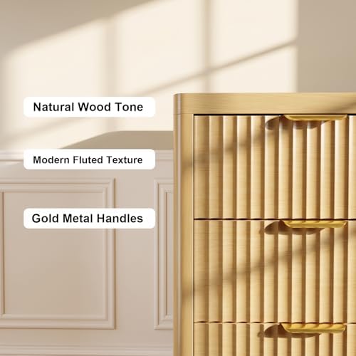 Fluted 47" Tall Dresser for Bedroom with 5 Drawers, Modern Chest of Drawers with Metal Handle & Deep Storage, Wood Closet Clothes Storage Organizer for Living Room & Hallway, Natural Oak Dresser