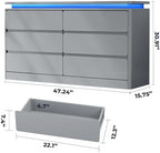6 Drawer Dresser for Bedroom,47.24" Long Grey Chest of Drawers w/LED Lights