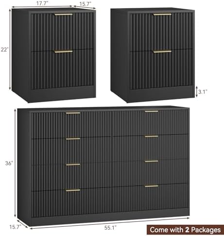 8 Drawer Dresser & 2-Drawer Nightstand Set 3-Piece, Black丨55 Wide Fluted Black Dresser and Night Stand Set of 2 Modern Wood Chest of Drawers Storage Dressers Set for Bedroom