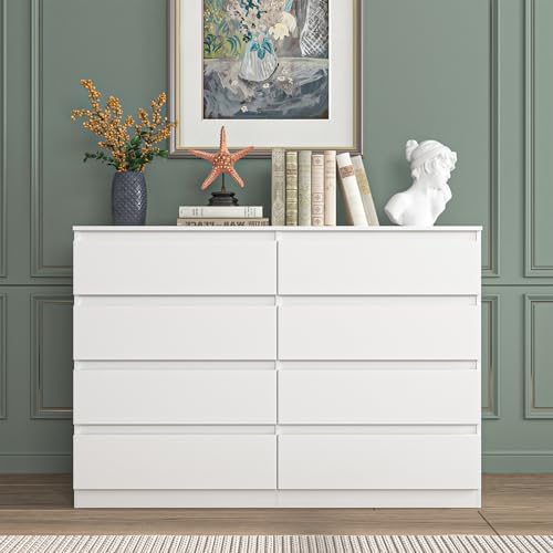 Vibe & Dine Double Dresser 8 Drawer, Modern Wooden Chest of Drawers with Wide Storage for Closet, Bedroom, Living Room, White